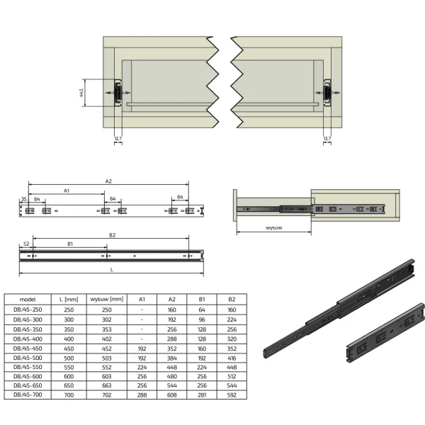 Ball bearing runners L450mm H45mm, full extension