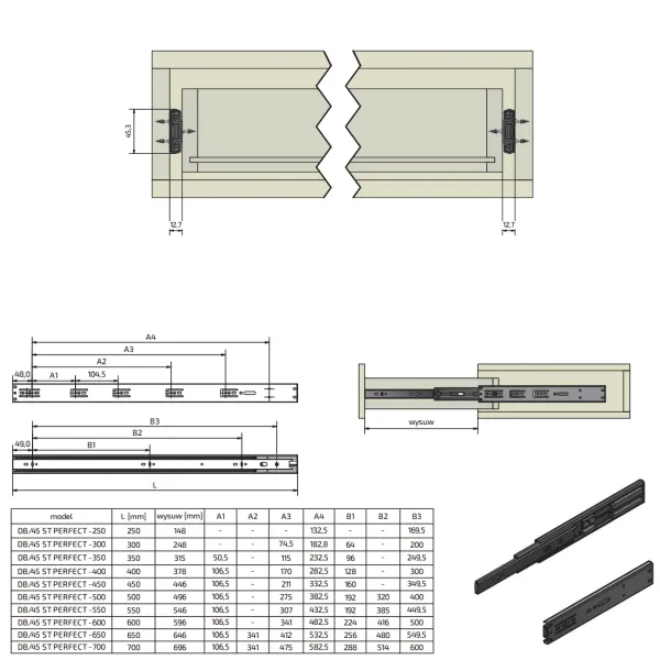 Ball bearing runners L350mm H45mm, partial extension with soft close