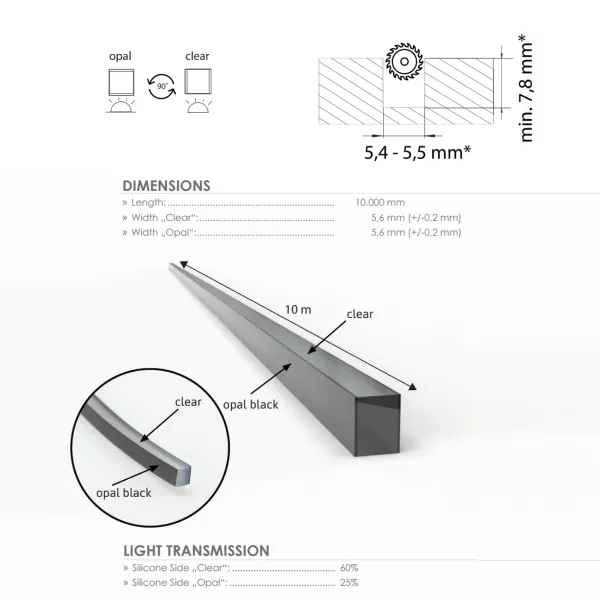 Silicone light diffuser FlipLens, for 5mm COB LED strip, 10m, black