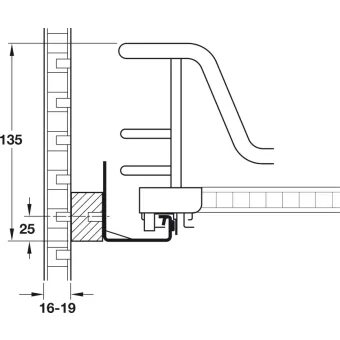Base unit internal extension, installation behind hinged doors, roller bearing guided, shelf