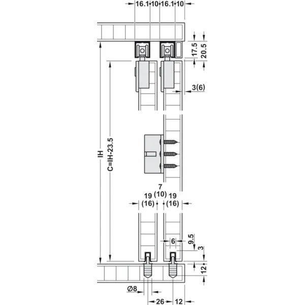 Sliding door fitting, Häfele Slido F-Line21 20C, set