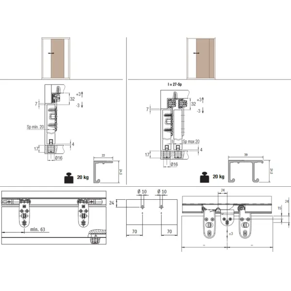 Sliding door system 1010, for one wooden door, 20kg