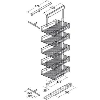 Larder unit pull-out DISPENSA W300mm H1900-2300mm, steel, installation behind fronts