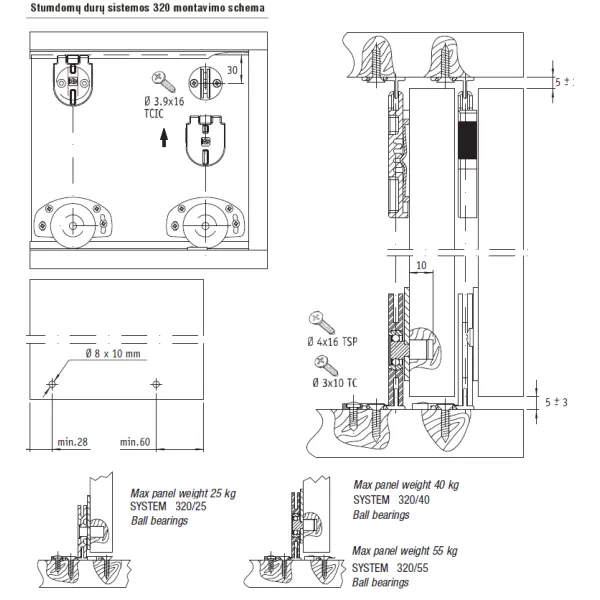 Sliding door system set for 25kg doors