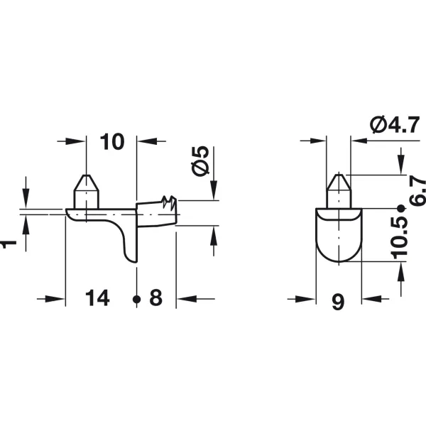 Shelf support, for wooden shelves, zinc alloy, with pin for securing shelf, load bearing capacity 15kg