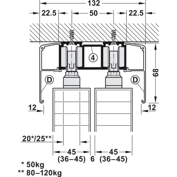 Sliding door fitting, Häfele Slido D-Line11 120P, set without running track