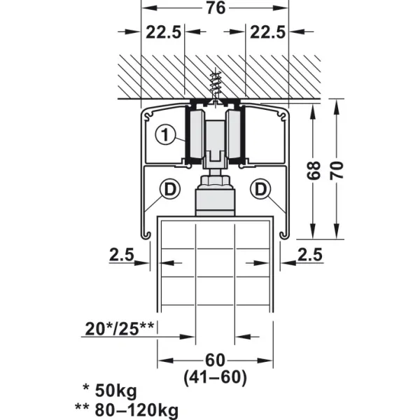 SDS Slido D-Line11 120P medinėms 1 durims su švelniu stabdymu 2 kryptimis