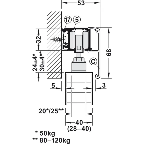 SDS Slido D-Line11 50P medinėms 1 durims su švelniu stabdymu 1 kryptimi