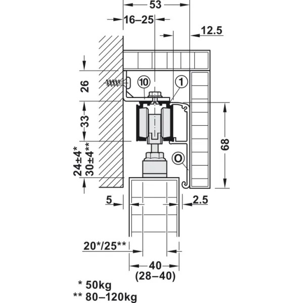 Sliding door fitting, Slido D-Line11 50P, set without running track