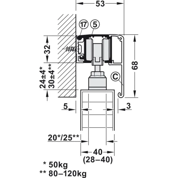 Sliding door fitting, Slido D-Line11 50P, set without running track