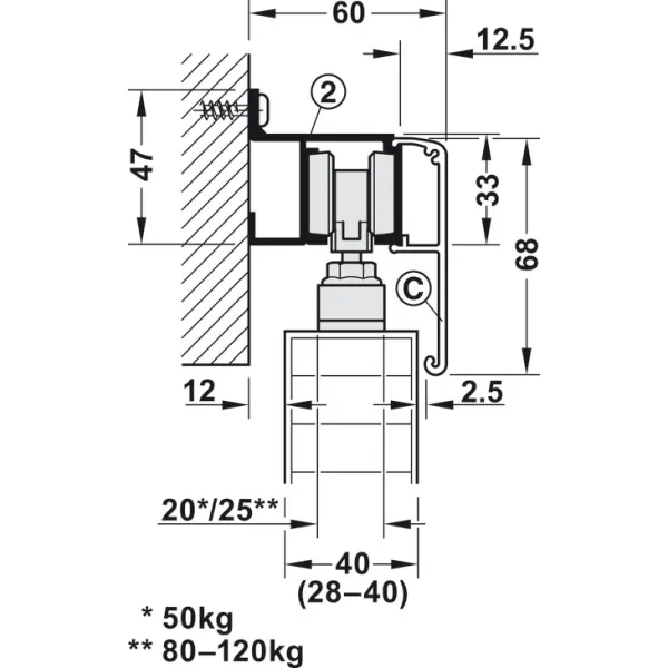 Sliding door fitting, Häfele Slido D-Line11 80P, set without running track