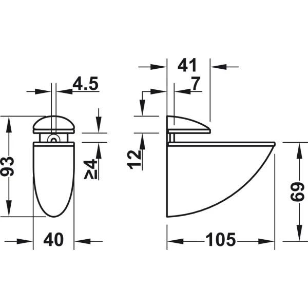 Shelf support with clamp, Design, for wood and glass