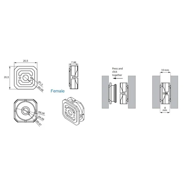 Panel click button connector Female