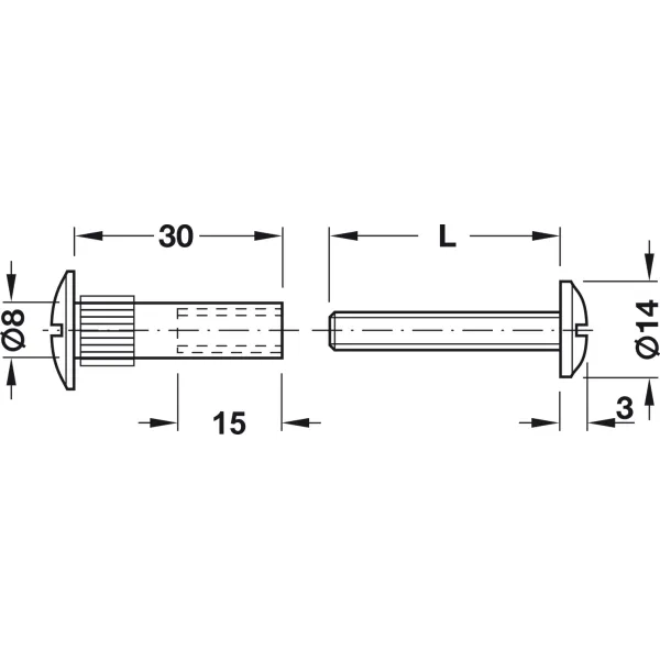Sąvarža 36-46mm plokštei - varžtas M6x20mm ir įvorė Ø8x20mm, PZ2, suapvalinta galvute, plienas