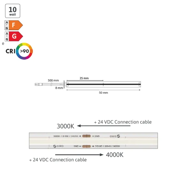 COB LED strip light 2M8C, 24V, 8mm, monochrome, 10W/m, Mono warm white 3000K, 20m