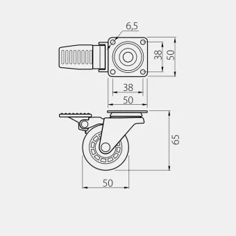 Ratukas su plokštele Ø50mm, H65mm, su stabdžiu skaidri
