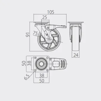 Furniture Castor B75mm with brake, FI-75, transparent