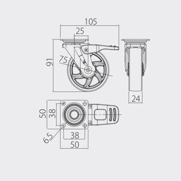 Furniture Castor B75mm with brake, FI-75, transparent