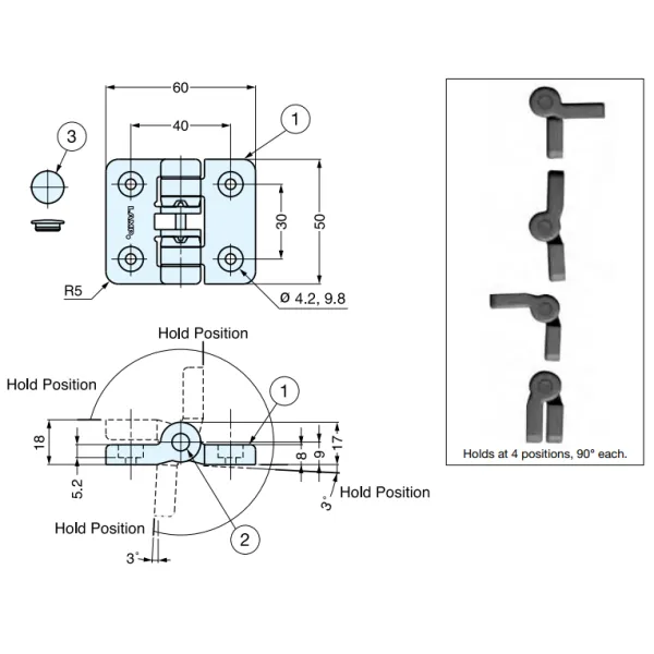 Hinge, 4 positions, black