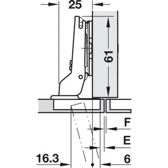 Concealed hinge, Häfele Duomatic 105°, for thin wooden doors from 10mm and above, half overlay mounting