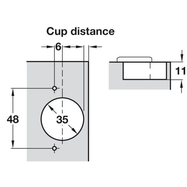 Concealed hinge, Häfele Duomatic 105°, for thin wooden doors from 10mm and above, half overlay mounting