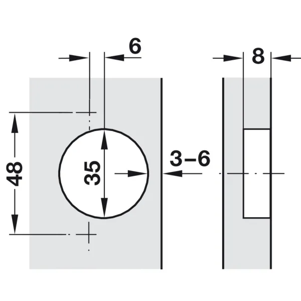 Concealed hinge, Häfele Duomatic 105°, for thin wooden doors from 10mm and above, half overlay mounting