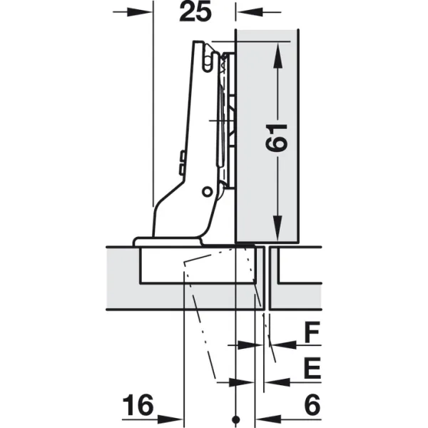 Concealed hinge, Häfele Duomatic Push 110°, half overlay mounting/twin mounting