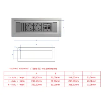 Rozečių blokas POWER FRAME 4xCEE7/3, 2 tušti moduliai, aliuminis, laidas L200mm, GST18