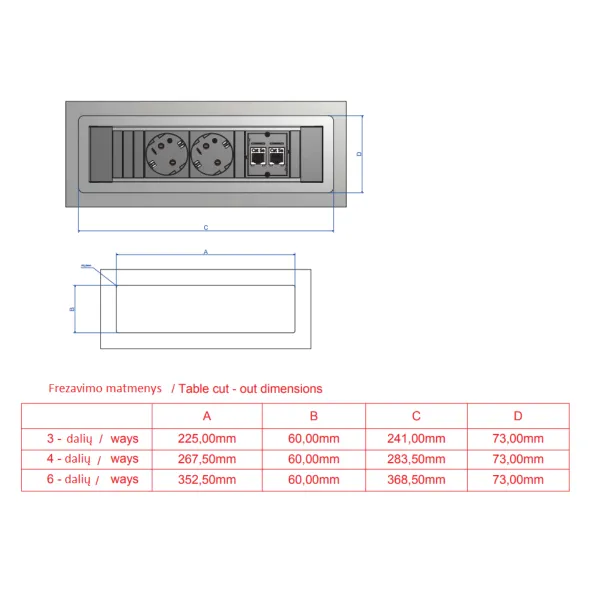 Rozečių blokas POWER FRAME 4xCEE7/3, 2 tušti moduliai, aliuminis, laidas L200mm, GST18