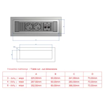 Rėmelis POWER FRAME 6 dalių rozečių blokui, L369mm, aliuminis RAL9006