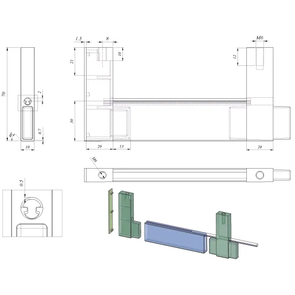 End support for 30x10mm rectangular tube, aluminum