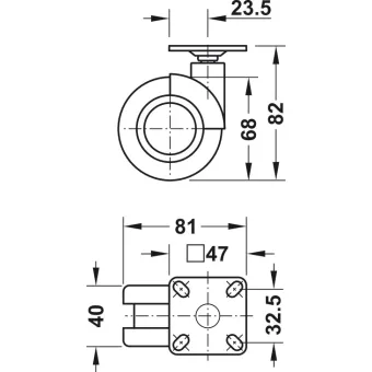 Twin wheel castor, Load bearing capacity 50kg, with screw-on plate