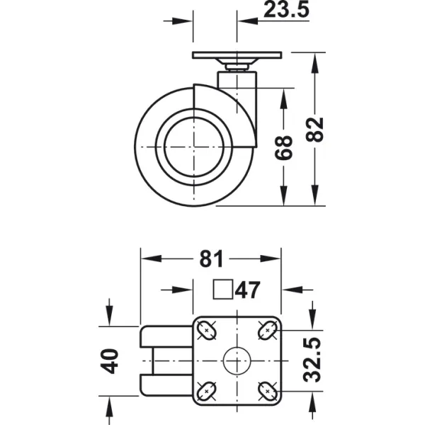 Ratukas su plokštele Ø68mm, H82mm, juoda