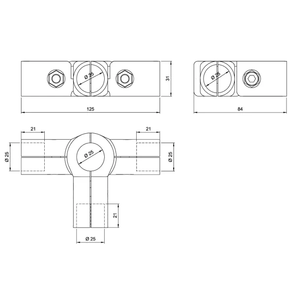 3-way connector, for Ø25mm tube, chrome