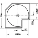 Three quarter circle carousel fitting, corner cabinet, with carousel shelf, 90° door