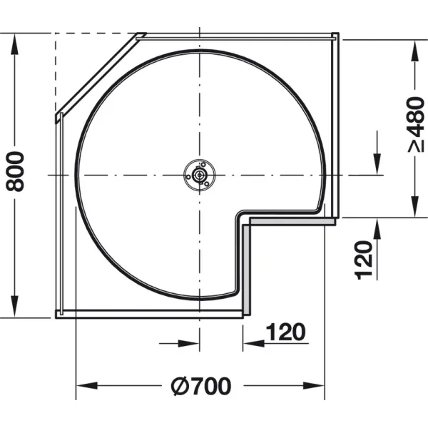 Three quarter circle carousel fitting, corner cabinet, with carousel shelf, 90° door