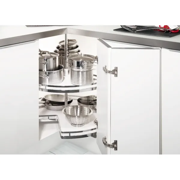 Three quarter circle carousel fitting, corner cabinet, with carousel shelf, 90° door