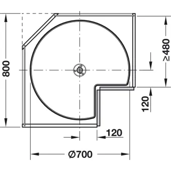 Three quarter circle carousel fitting, corner cabinet, with carousel shelf, 90° door