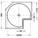 Three quarter circle carousel fitting, corner cabinet, with carousel shelf, 90° door