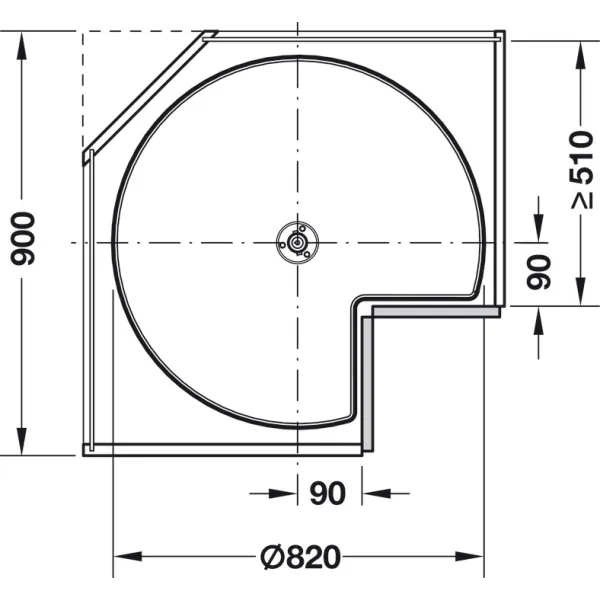 Three quarter circle carousel fitting, corner cabinet, with carousel shelf, 90° door
