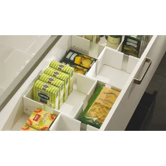 Food storage container insert, for front pull-outs and internal drawer boxes with railing
