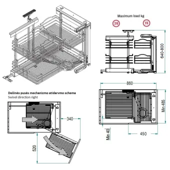 Pull out and turn for corner cabinets, DYNAMIC CORNER, W450mm left, wire, chrome