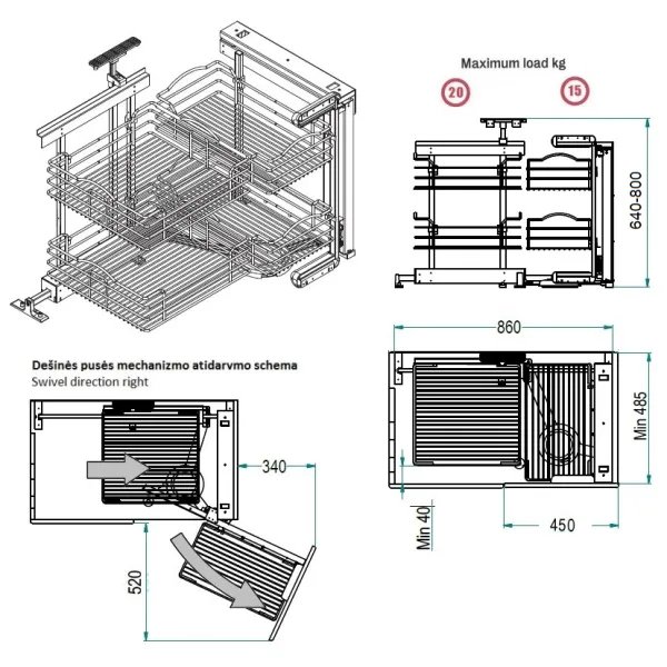 Pull out and turn for corner cabinets, DYNAMIC CORNER, W450mm left, wire, chrome