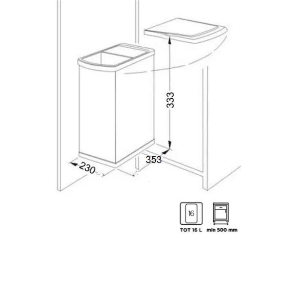 Šiukšliadėžė tvirtinama prie fasado 230x353mm, H333mm, 16l pilka