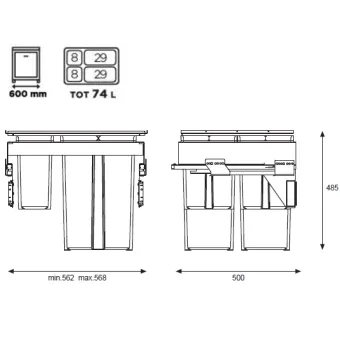Pull-out wastebin 580EVO Line, W600mm, Ø502mm, H485mm, 2x8+2x29l, orion grey