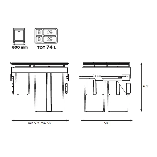 Šiukšliadėžė ištraukiama 580EVO Line, P600mm, Ø502mm, H485mm, 2x8+2x29l, antracitas