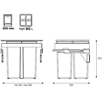 Pull-out wastebin 580EVO Line, W600mm, Ø502mm, H529mm, 2x40l, orion grey