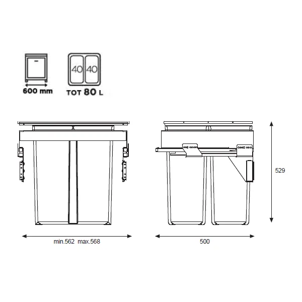 Pull-out wastebin 580EVO Line, W600mm, G502mm, H529mm, 2x40l, orion grey