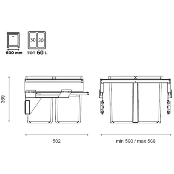 Pull-out wastebin 580PLUS Line, W600mm, Ø502mm, H368mm, 2x30l, orion grey