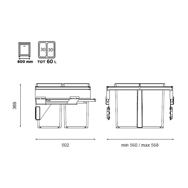 Pull-out wastebin 580PLUS Line, W600mm, Ø502mm, H368mm, 2x30l, orion grey